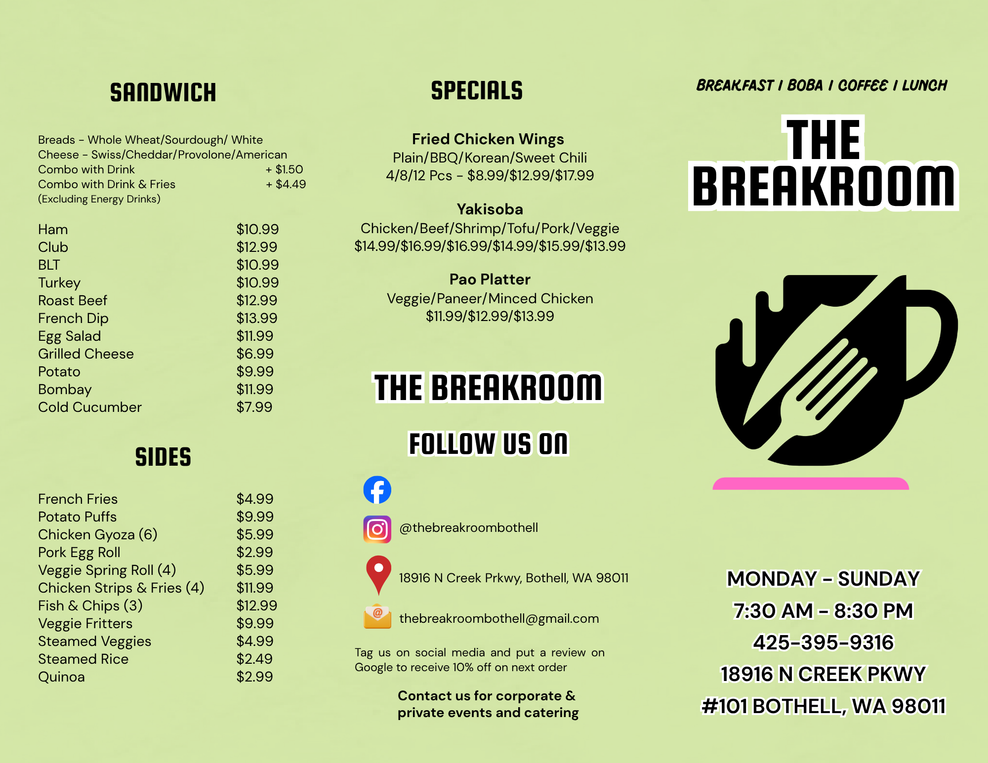 Printed menu — sandwiches, sides, and specials.