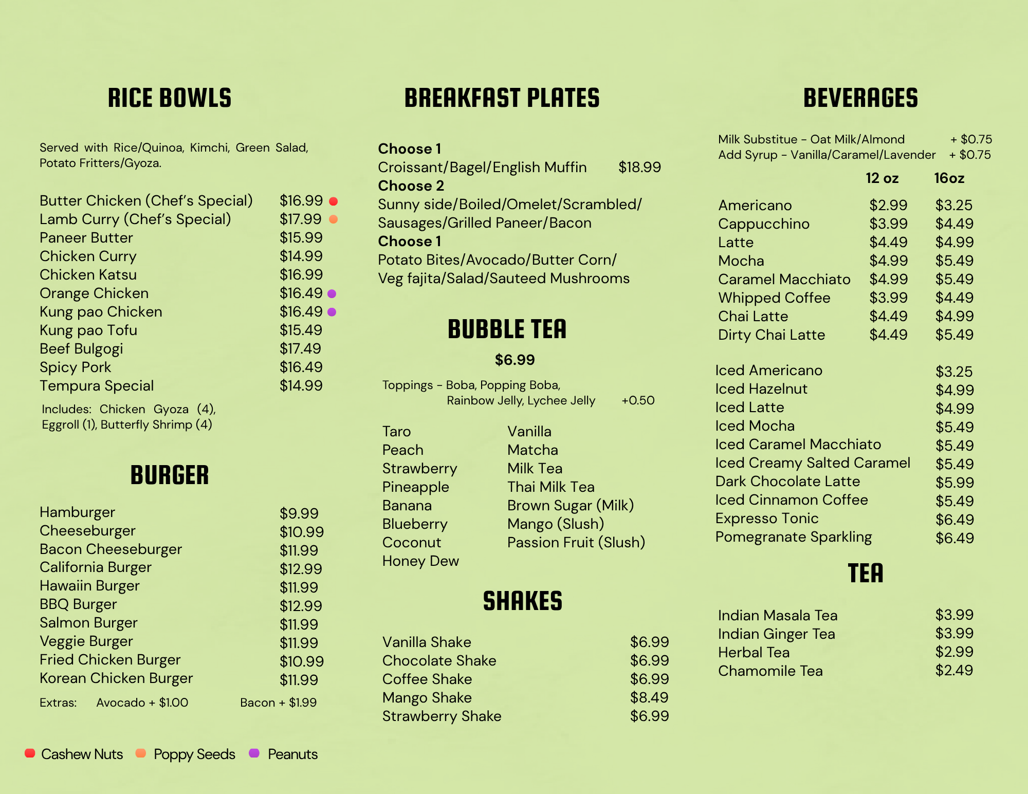 Printed menu — rice bowls, breakfast, bubble tea, and beverages.
