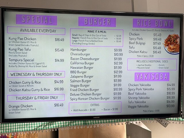 In-store menu board — specials, burgers, rice bowls.